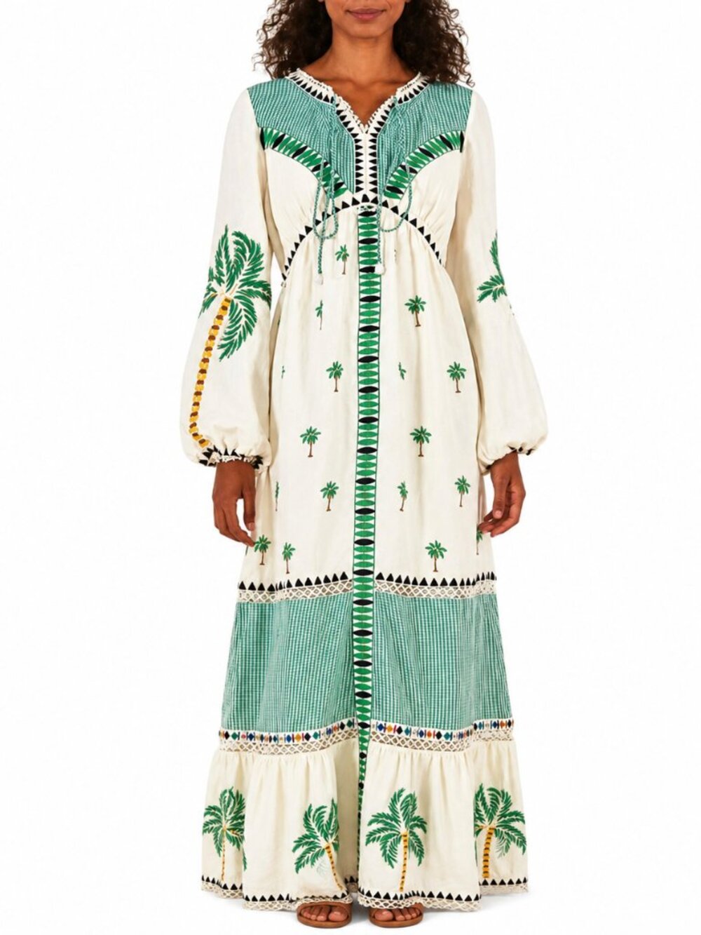 FARM Rio Embroidered Palm Tree Gingham Green White Maxi Dress - Picture 1 of 12